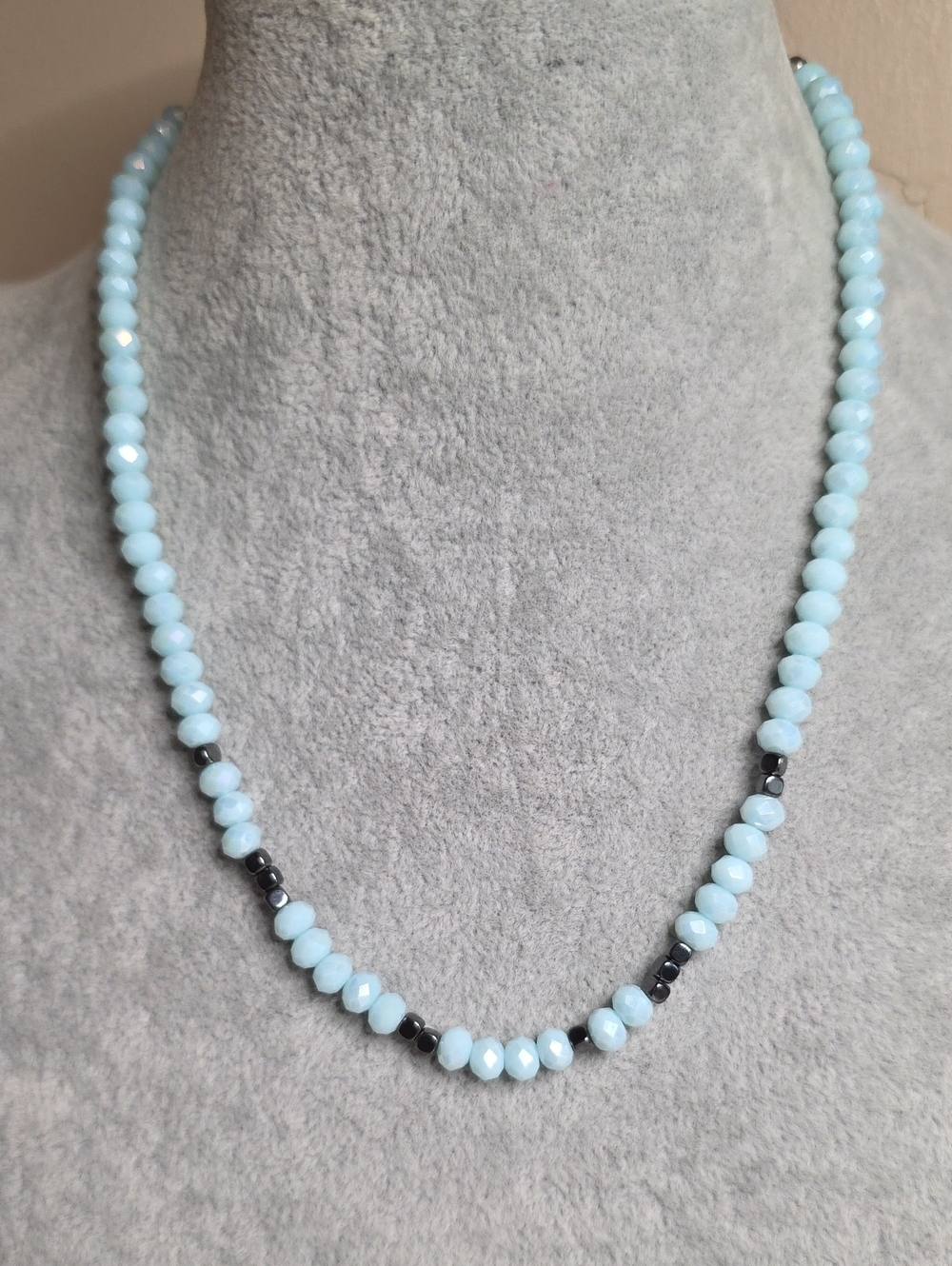 Baby Blue Faceted Glass Beaded Choker Necklace Hematite-Tone Spacers